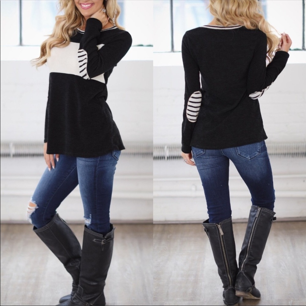 LAST ONE❗️New Color Block Striped Elbow Patch Top - Picture 3 of 3
